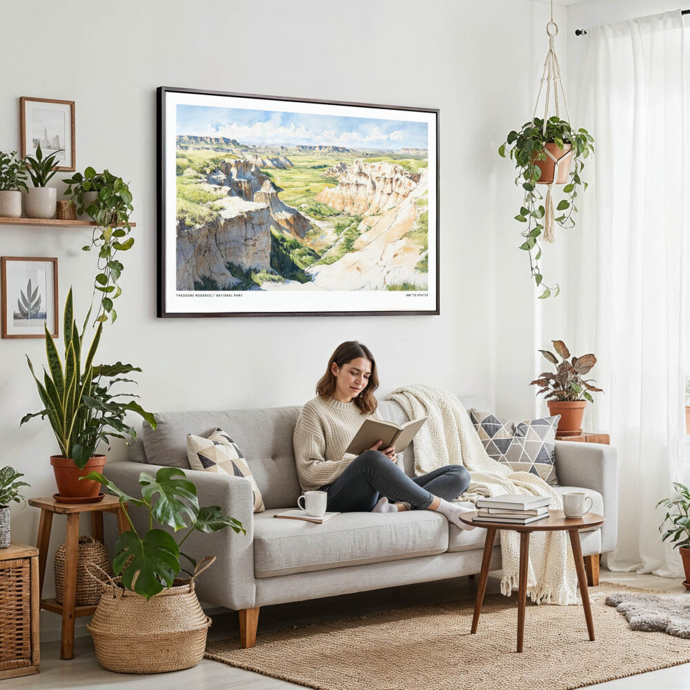 02 - Framed Theodore Roosevelt National Park Watercolor - Horizontal Canvas Print - Boho Living Room with Woman reading.jpg 02 - Framed Theodore Roosevelt National Park Watercolor - Horizontal Canvas Print - Boho Living Room with Woman reading.jpg