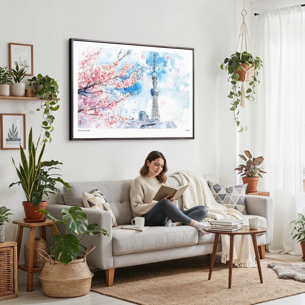 02 - Framed Tokyo Skytree During Sakura Season Watercolor Art - Horizontal Canvas Print - Boho Living Room with Woman reading.jpg 02 - Framed Tokyo Skytree During Sakura Season Watercolor Art - Horizontal Canvas Print - Boho Living Room with Woman reading.jpg
