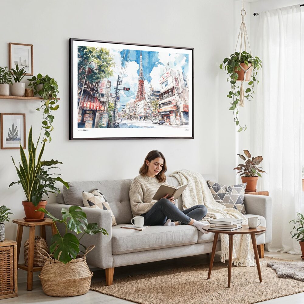02 - Framed Tokyo Tower Watercolor Art - Horizontal Canvas Print - Boho Living Room with Woman reading.jpg 02 - Framed Tokyo Tower Watercolor Art - Horizontal Canvas Print - Boho Living Room with Woman reading.jpg