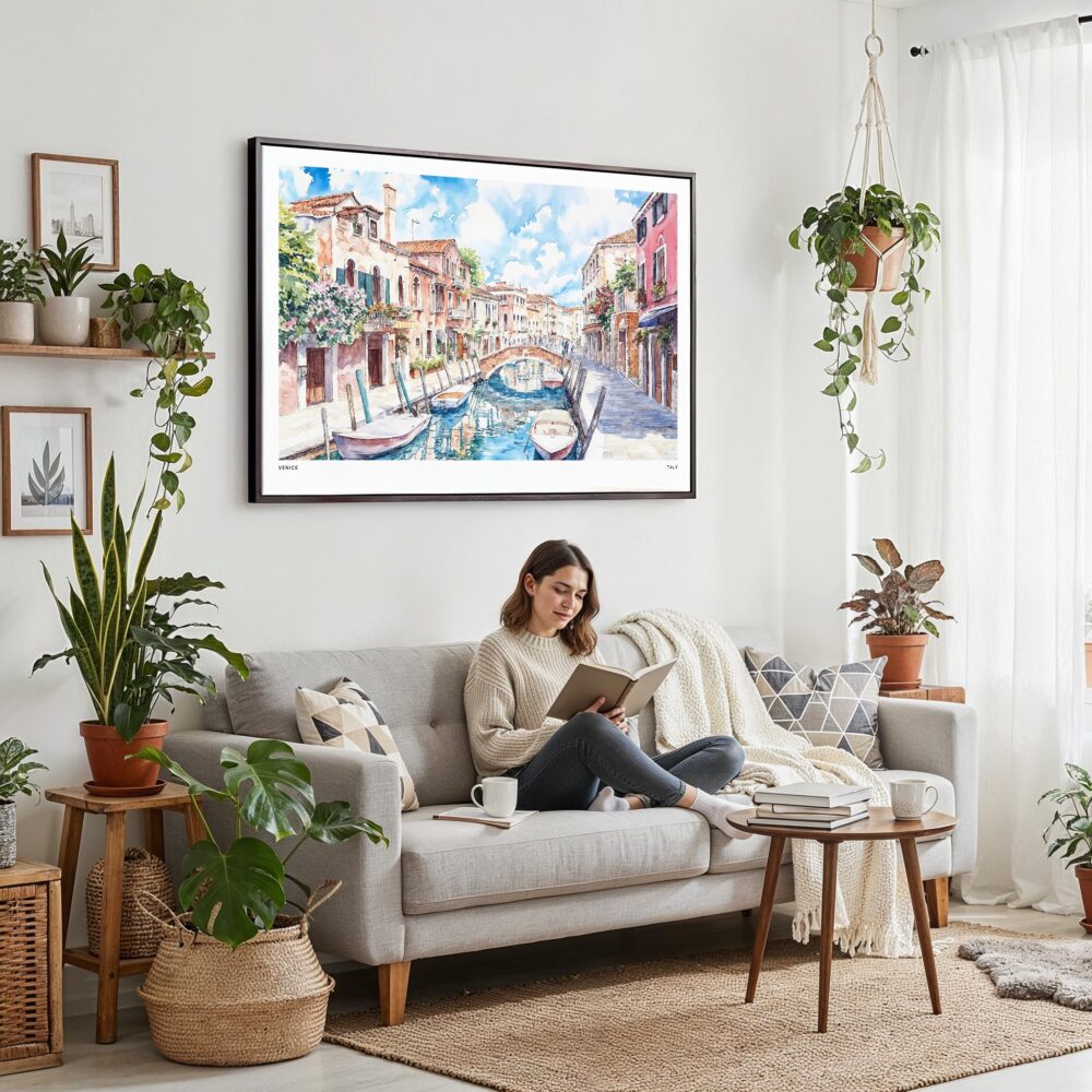 02 - Framed Venice Italy Canals Watercolor Art - Horizontal Canvas Print - Boho Living Room with Woman reading.jpg 02 - Framed Venice Italy Canals Watercolor Art - Horizontal Canvas Print - Boho Living Room with Woman reading.jpg