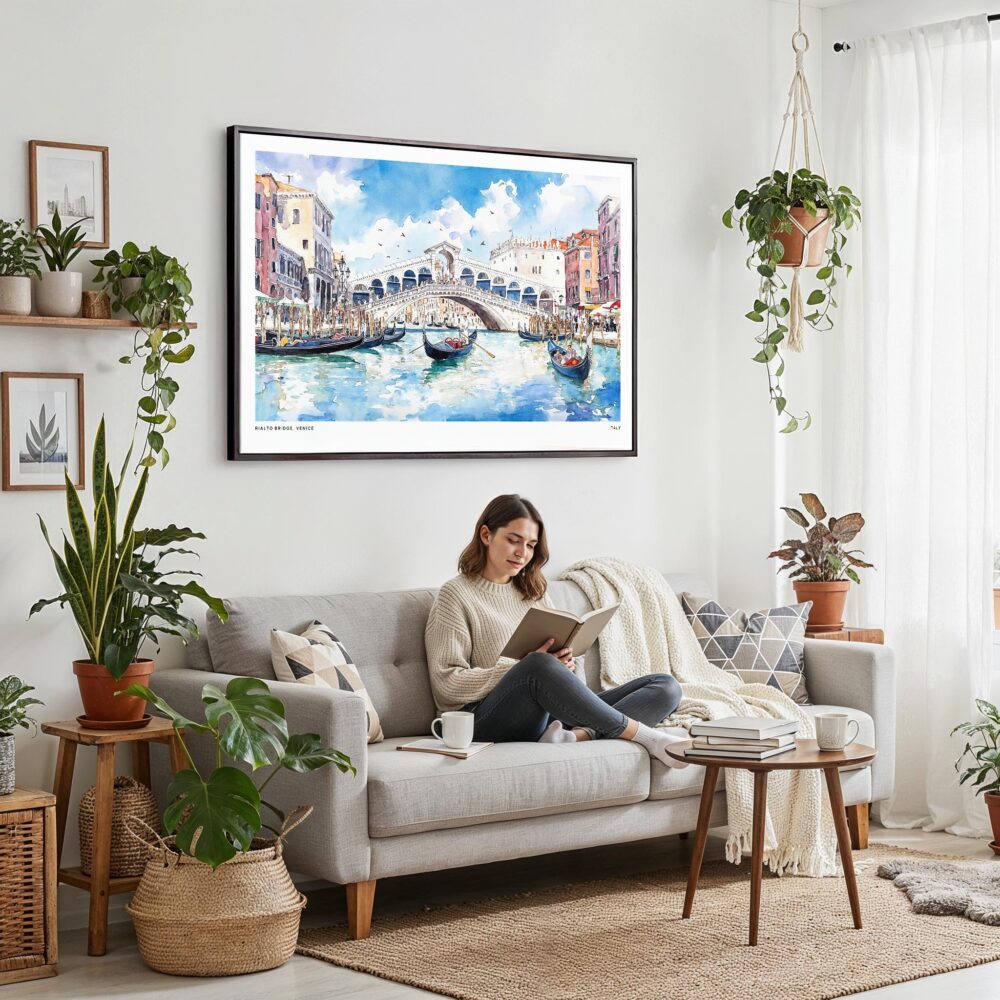 02 - Framed Venice Italy Rialto Bridge Watercolor Art - Horizontal Canvas Print - Boho Living Room with Woman reading.jpg 02 - Framed Venice Italy Rialto Bridge Watercolor Art - Horizontal Canvas Print - Boho Living Room with Woman reading.jpg