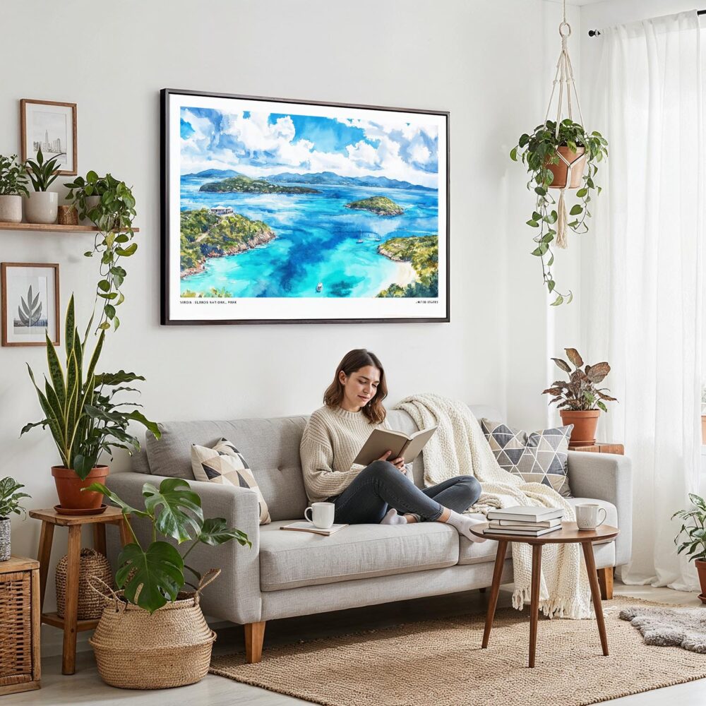 02 - Framed Virgin Islands National Park Watercolor - Horizontal Canvas Print - Boho Living Room with Woman reading.jpg 02 - Framed Virgin Islands National Park Watercolor - Horizontal Canvas Print - Boho Living Room with Woman reading.jpg