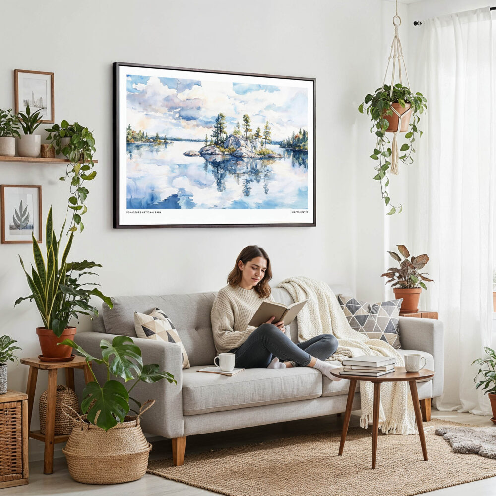 02 - Framed Voyageurs National Park Watercolor - Horizontal Canvas Print - Boho Living Room with Woman reading.jpg 02 - Framed Voyageurs National Park Watercolor - Horizontal Canvas Print - Boho Living Room with Woman reading.jpg
