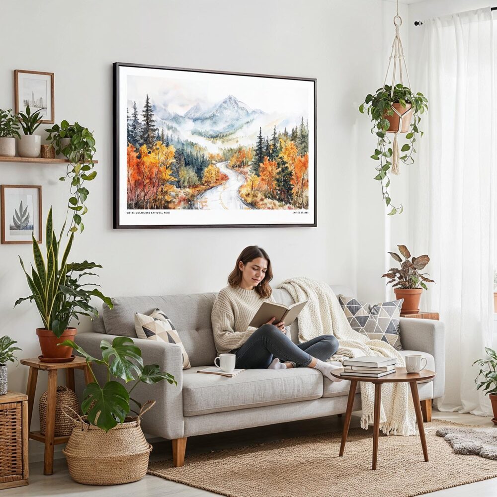 02 - Framed White Mountains National Park Watercolor - Horizontal Canvas Print - Boho Living Room with Woman reading.jpg 02 - Framed White Mountains National Park Watercolor - Horizontal Canvas Print - Boho Living Room with Woman reading.jpg
