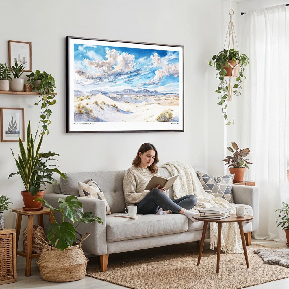 02 - Framed White Sands National Park Watercolor - Horizontal Canvas Print - Boho Living Room with Woman reading.jpg 02 - Framed White Sands National Park Watercolor - Horizontal Canvas Print - Boho Living Room with Woman reading.jpg