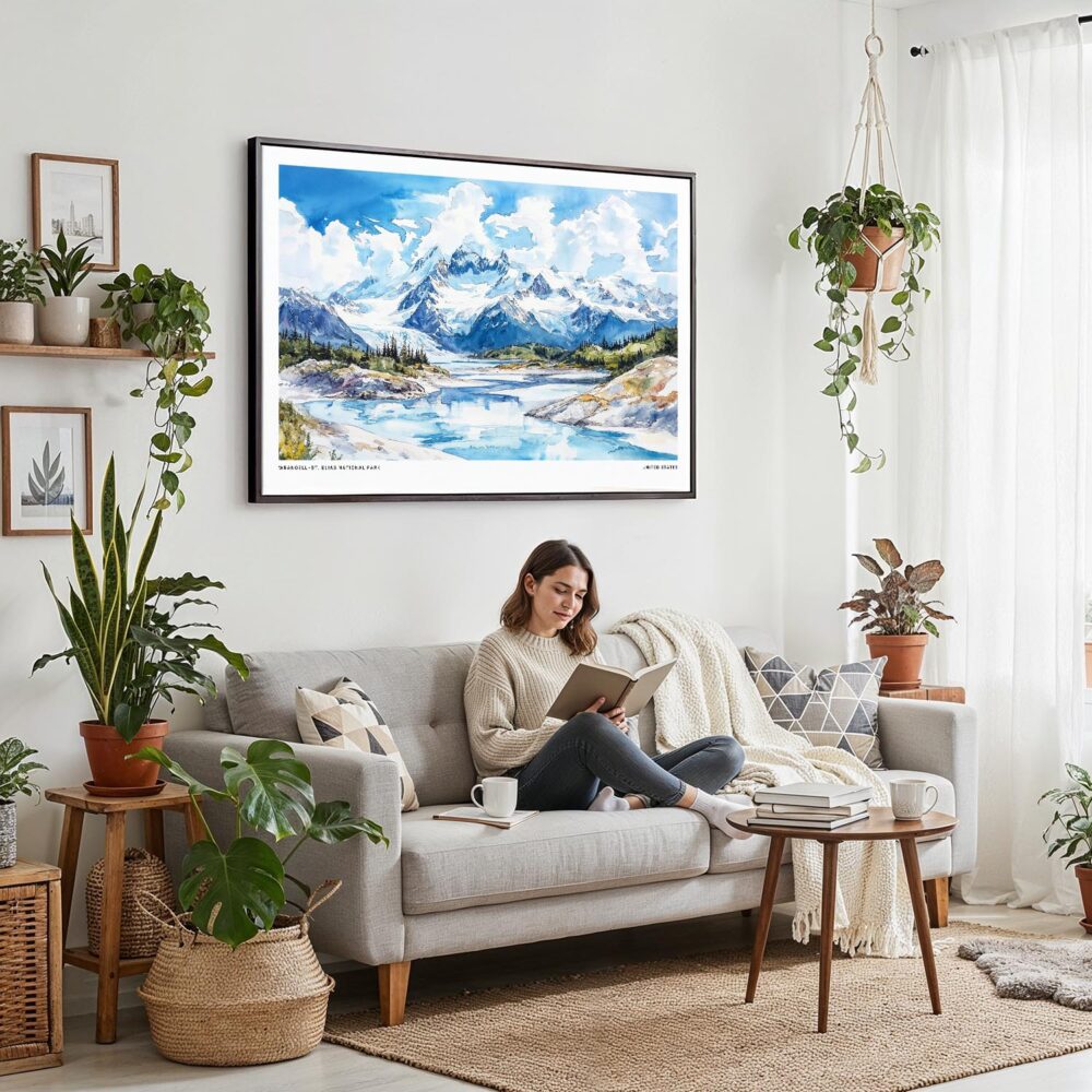 02 - Framed Wrangell–St. Elias National Park Watercolor - Horizontal Canvas Print - Boho Living Room with Woman reading.jpg 02 - Framed Wrangell–St. Elias National Park Watercolor - Horizontal Canvas Print - Boho Living Room with Woman reading.jpg