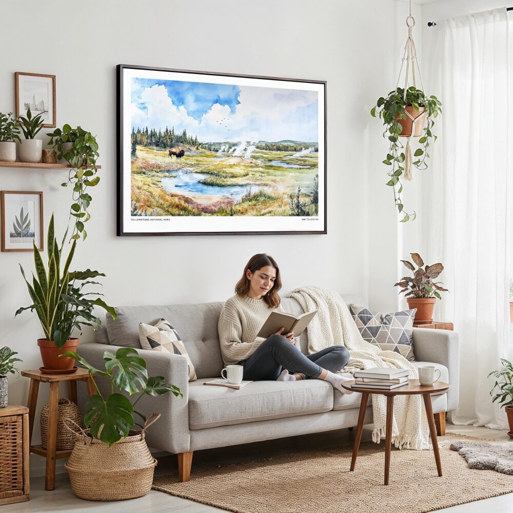 02 - Framed Yellowstone National Park Watercolor - Horizontal Canvas Print - Boho Living Room with Woman reading.jpg 02 - Framed Yellowstone National Park Watercolor - Horizontal Canvas Print - Boho Living Room with Woman reading.jpg