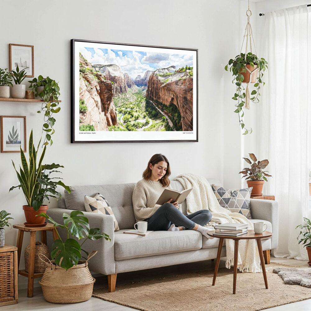 02 - Framed Zion National Park Watercolor - Horizontal Canvas Print - Boho Living Room with Woman reading.jpg 02 - Framed Zion National Park Watercolor - Horizontal Canvas Print - Boho Living Room with Woman reading.jpg