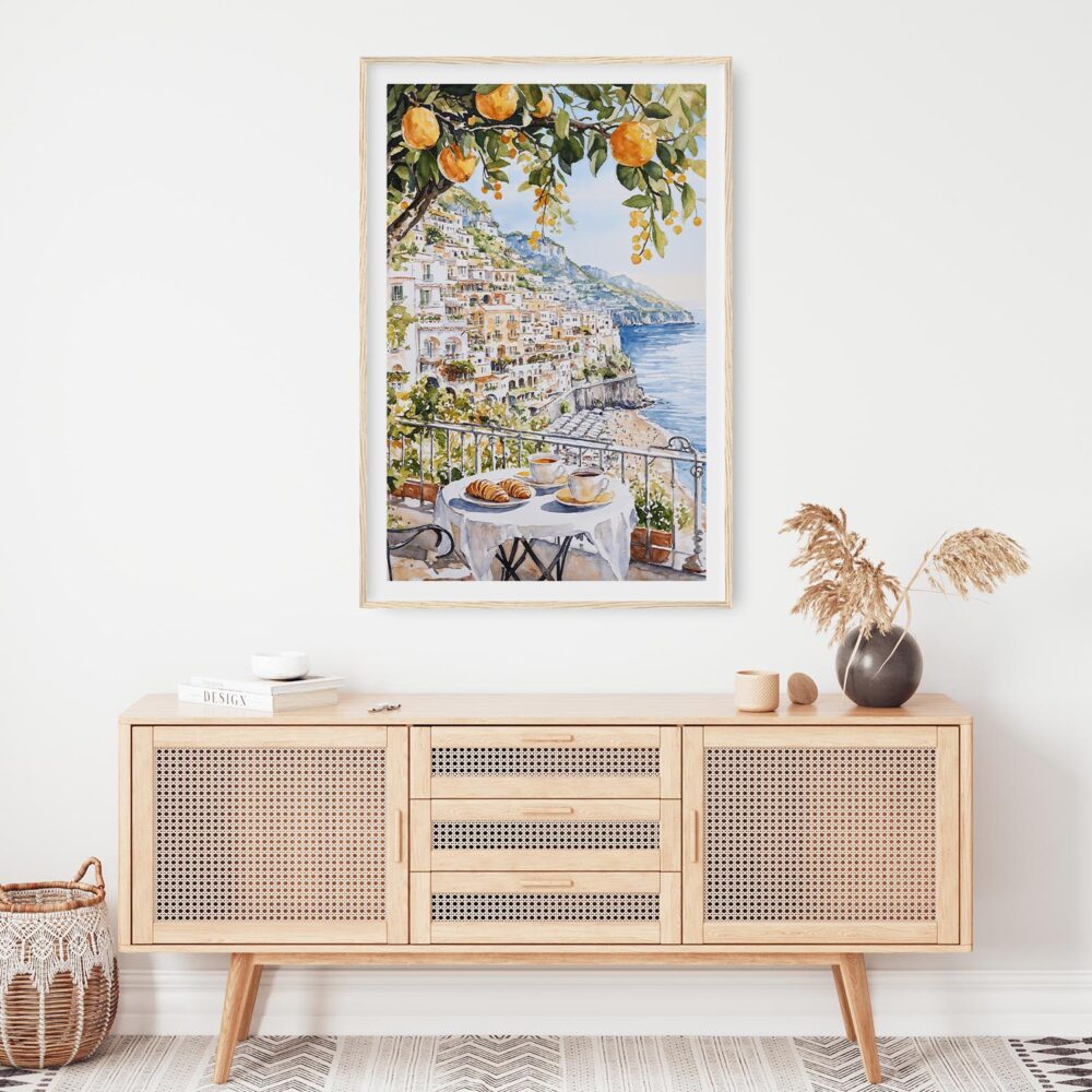 02 - Morning Coffee in Amalfi Coast Watercolor Art Print Hanging above Shelf - Vertical.jpg 02 - Morning Coffee in Amalfi Coast Watercolor Art Print Hanging above Shelf - Vertical.jpg