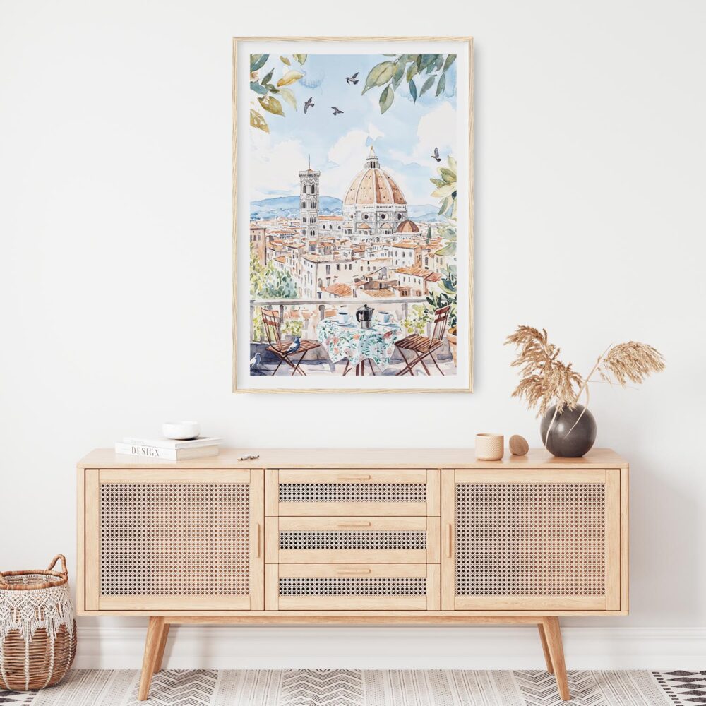 02 - Morning Coffee in Florence Watercolor Art Print Hanging above Shelf - Vertical.jpg 02 - Morning Coffee in Florence Watercolor Art Print Hanging above Shelf - Vertical.jpg