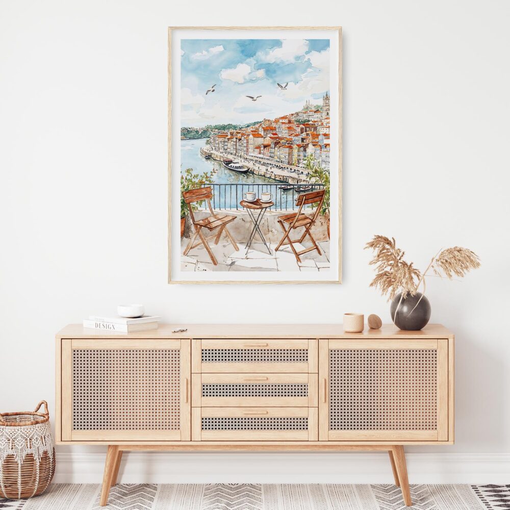 02 - Morning Coffee in Porto Watercolor Art Print Hanging above Shelf - Vertical.jpg 02 - Morning Coffee in Porto Watercolor Art Print Hanging above Shelf - Vertical.jpg
