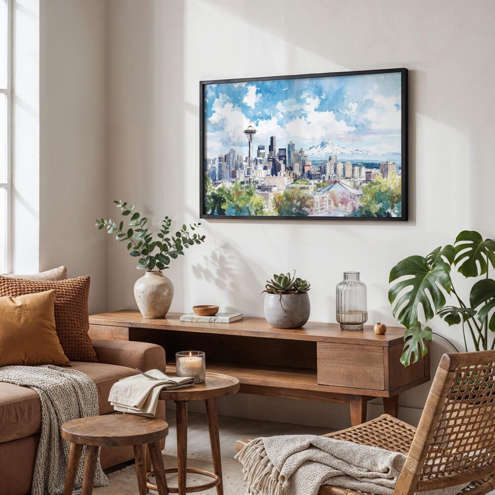 02 - Seattle Skyline with Mount Rainier Watercolor Art - Horizontal Art - Digital Download - Boho Living Room.jpg 02 - Seattle Skyline with Mount Rainier Watercolor Art - Horizontal Art - Digital Download - Boho Living Room.jpg