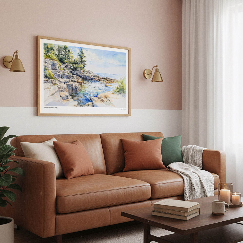 03 - Framed Acadia National Park Watercolor - Horizontal Art Print hanging in Boho Living Room.jpg 03 - Framed Acadia National Park Watercolor - Horizontal Art Print hanging in Boho Living Room.jpg