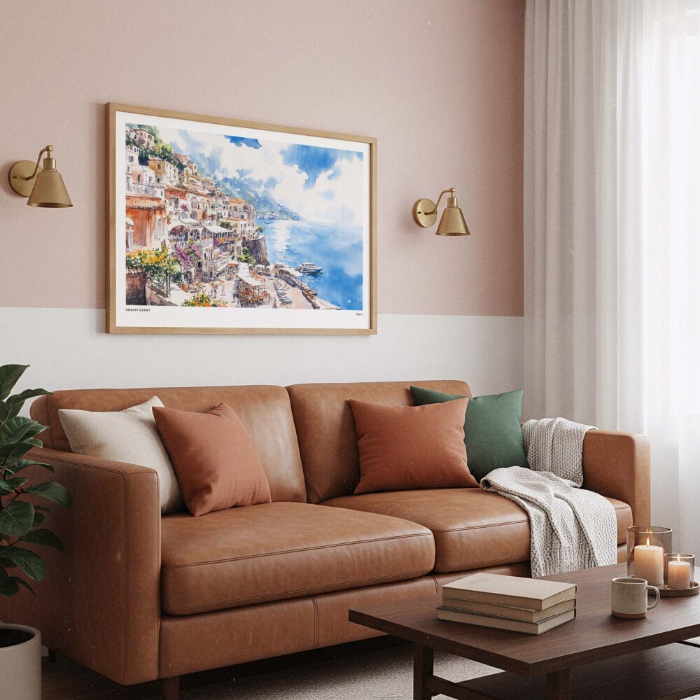 03 - Framed Amalfi Coast Watercolor Art - Horizontal Art Print hanging in Boho Living Room.jpg 03 - Framed Amalfi Coast Watercolor Art - Horizontal Art Print hanging in Boho Living Room.jpg