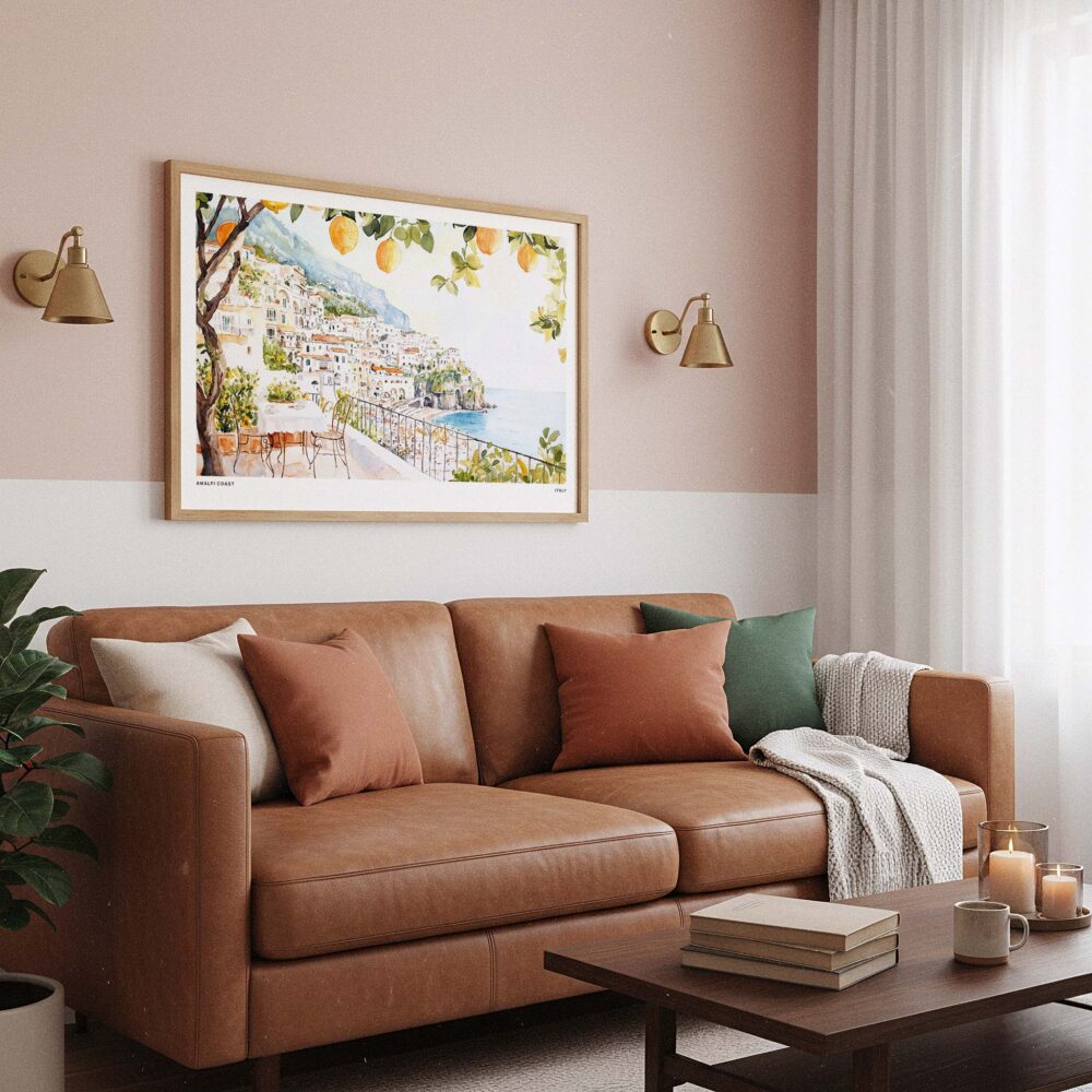 03 - Framed Amalfi Coast with Lemon Trees Watercolor Art - Horizontal Art Print hanging in Boho Living Room.jpg 03 - Framed Amalfi Coast with Lemon Trees Watercolor Art - Horizontal Art Print hanging in Boho Living Room.jpg