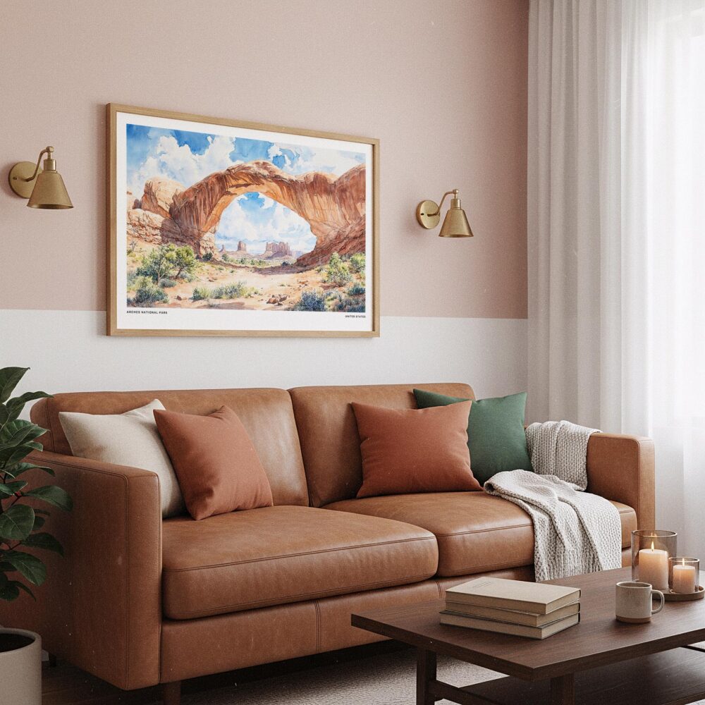 03 - Framed Arches National Park Watercolor - Horizontal Art Print hanging in Boho Living Room.jpg 03 - Framed Arches National Park Watercolor - Horizontal Art Print hanging in Boho Living Room.jpg