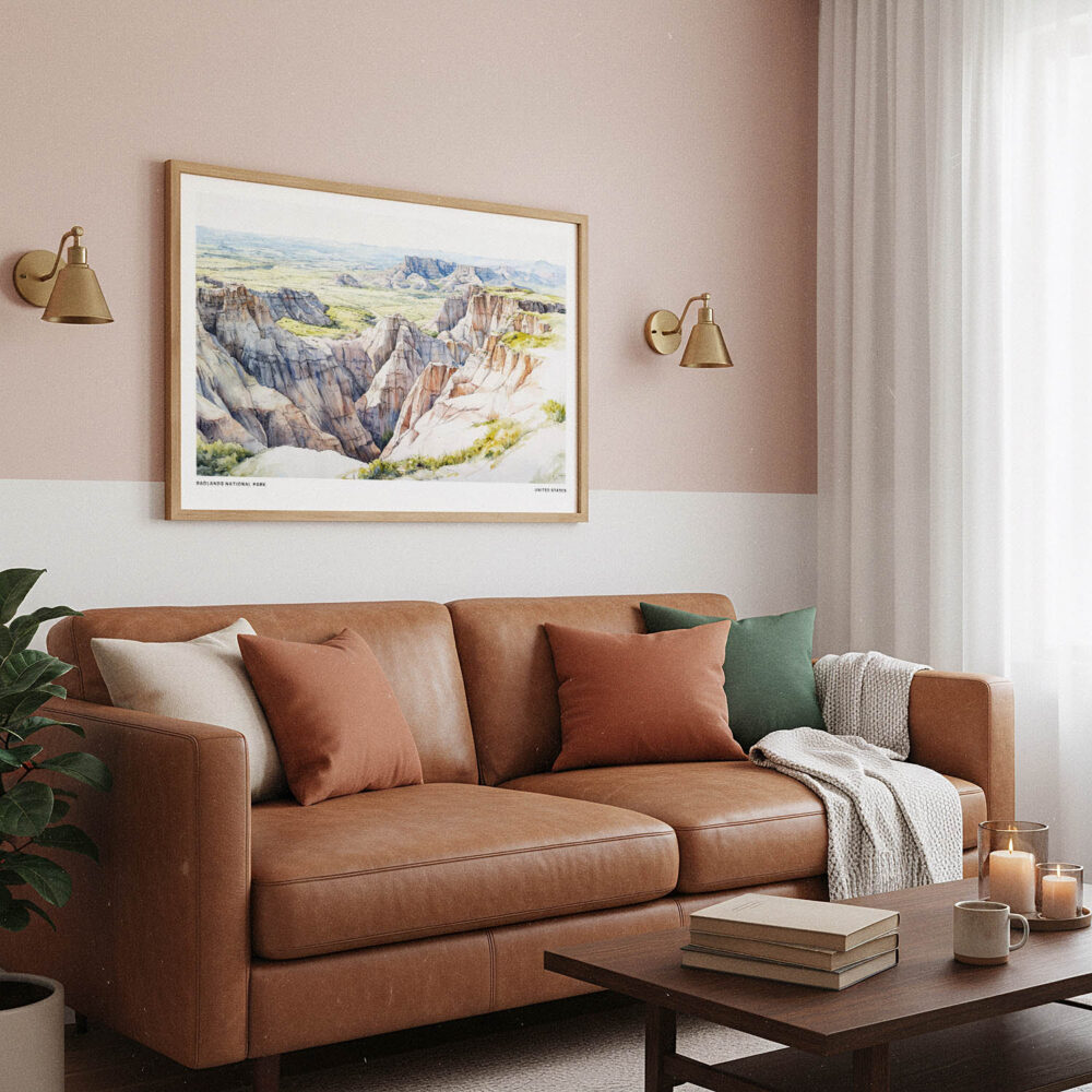 03 - Framed Badlands National Park Watercolor - Horizontal Art Print hanging in Boho Living Room.jpg 03 - Framed Badlands National Park Watercolor - Horizontal Art Print hanging in Boho Living Room.jpg