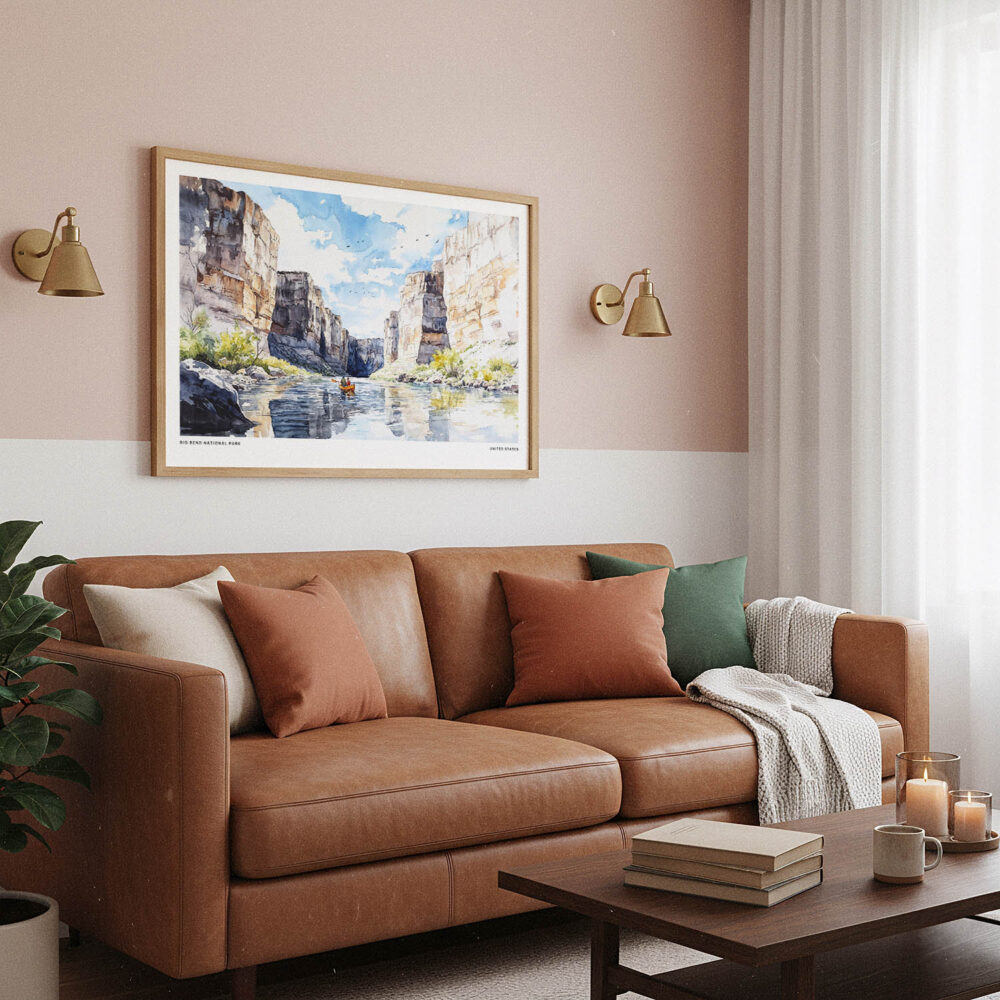 03 - Framed Big Bend National Park Watercolor - Horizontal Art Print hanging in Boho Living Room.jpg 03 - Framed Big Bend National Park Watercolor - Horizontal Art Print hanging in Boho Living Room.jpg