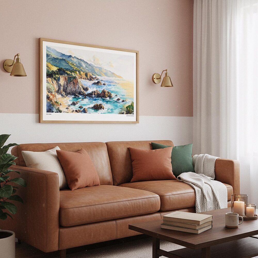 03 - Framed Big Sur Watercolor - Horizontal Art Print hanging in Boho Living Room.jpg 03 - Framed Big Sur Watercolor - Horizontal Art Print hanging in Boho Living Room.jpg