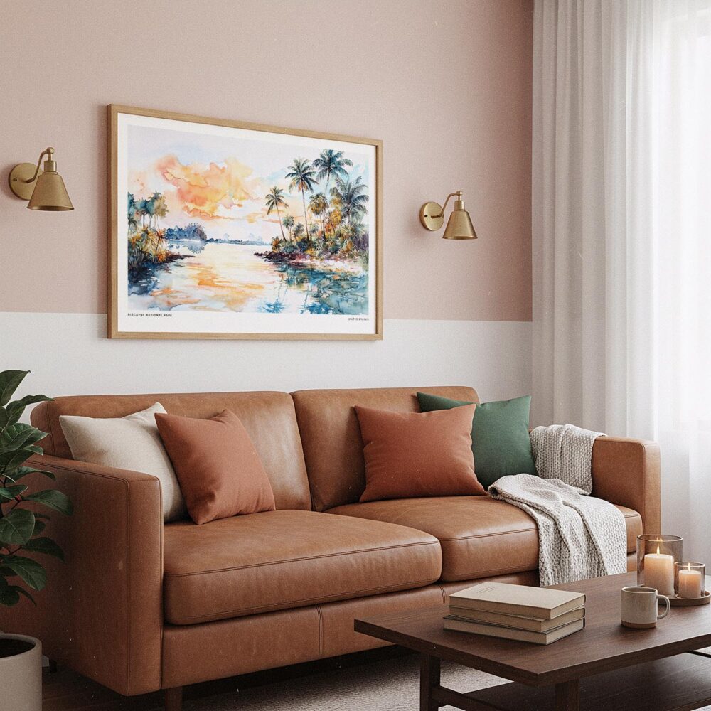 03 - Framed Biscayne National Park Watercolor - Horizontal Art Print hanging in Boho Living Room.jpg 03 - Framed Biscayne National Park Watercolor - Horizontal Art Print hanging in Boho Living Room.jpg