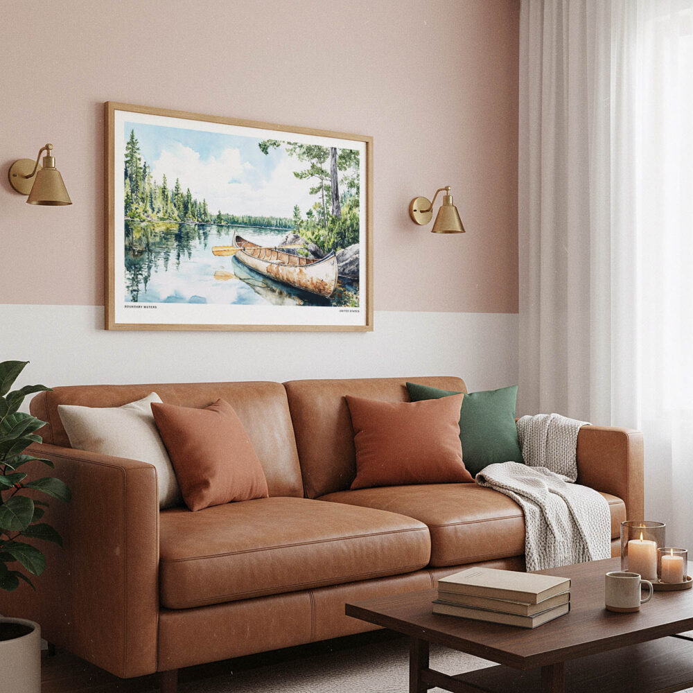 03 - Framed Boundary Waters Watercolor - Horizontal Art Print hanging in Boho Living Room.jpg 03 - Framed Boundary Waters Watercolor - Horizontal Art Print hanging in Boho Living Room.jpg