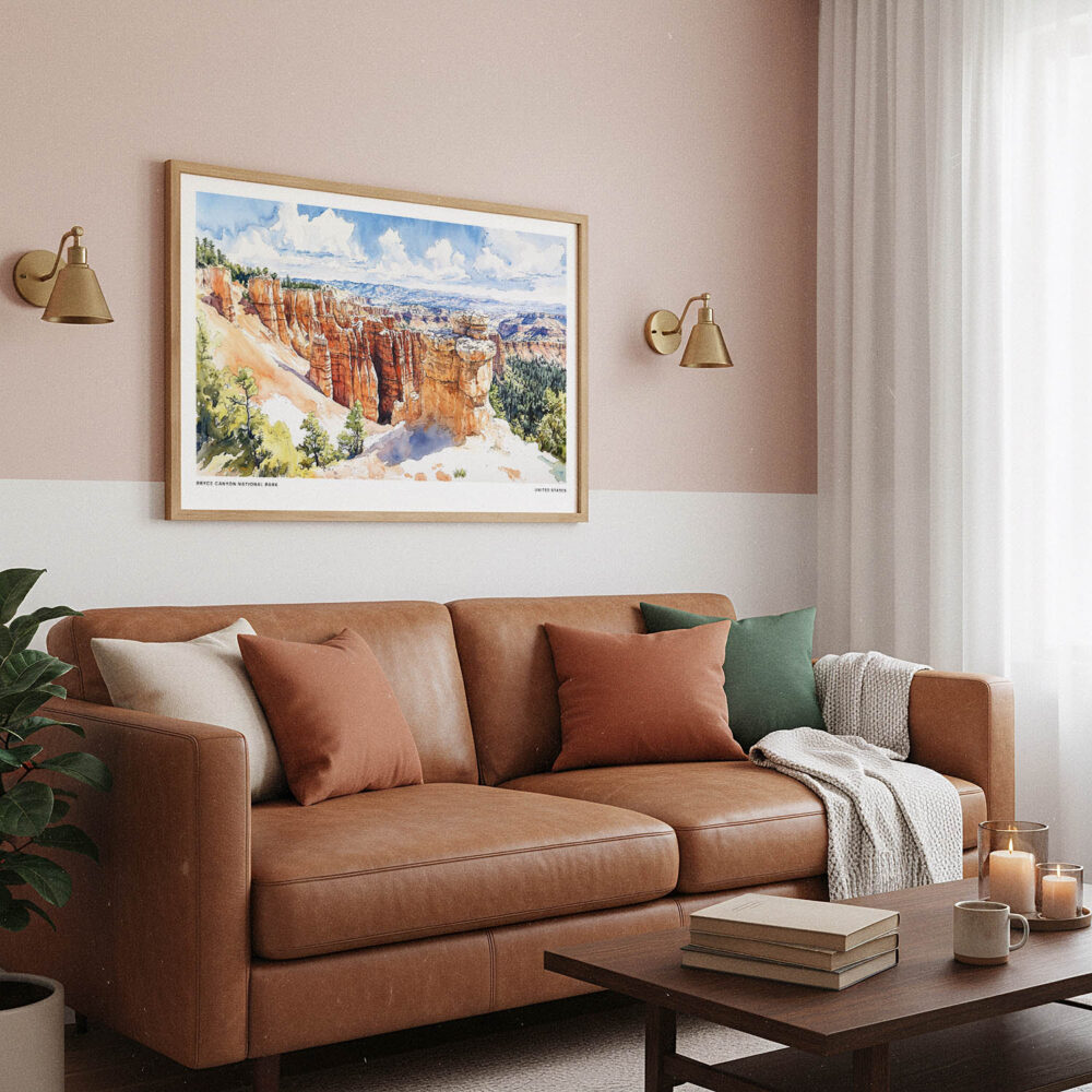 03 - Framed Bryce Canyon National Park Watercolor - Horizontal Art Print hanging in Boho Living Room.jpg 03 - Framed Bryce Canyon National Park Watercolor - Horizontal Art Print hanging in Boho Living Room.jpg