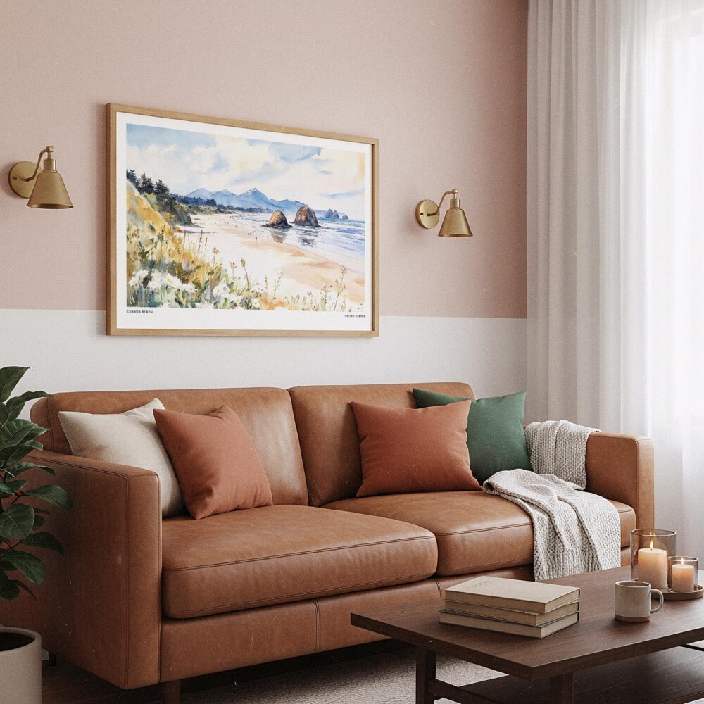 03 - Framed Cannon Beach Watercolor - Horizontal Art Print hanging in Boho Living Room.jpg 03 - Framed Cannon Beach Watercolor - Horizontal Art Print hanging in Boho Living Room.jpg