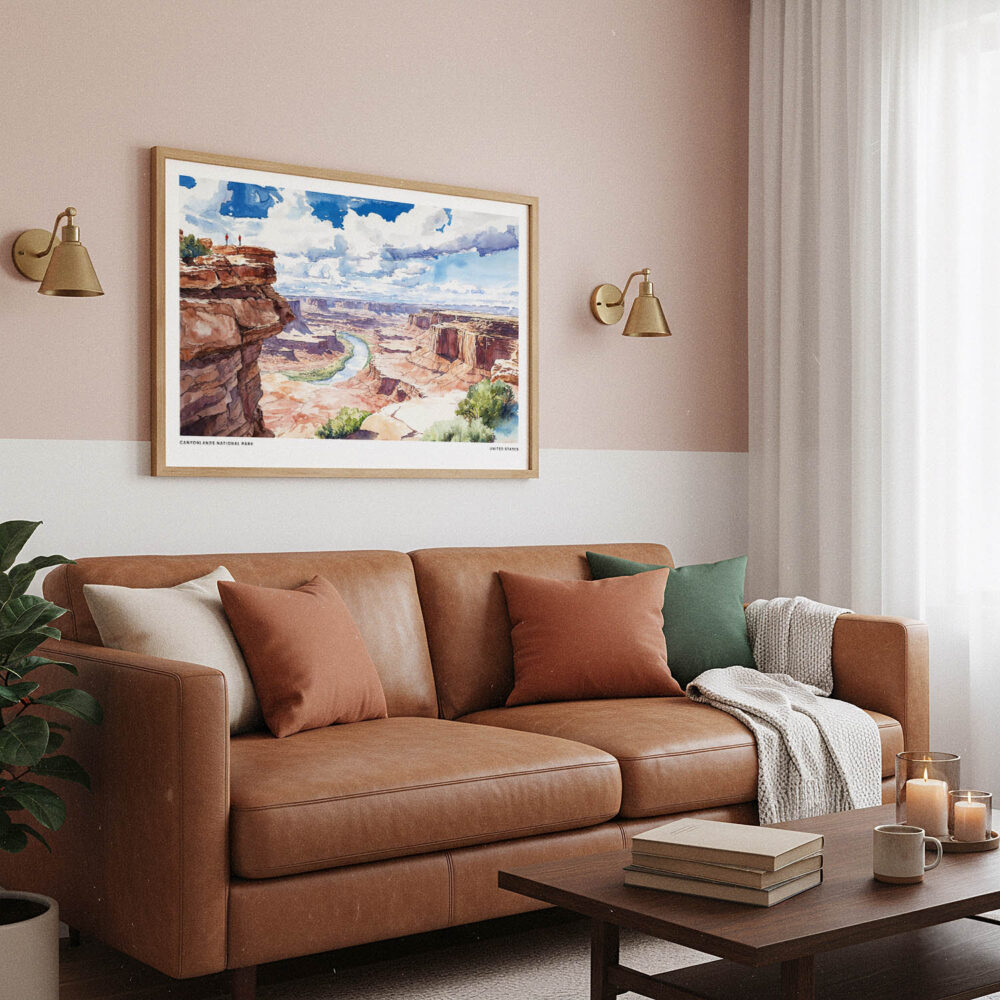 03 - Framed Canyonlands National Park Watercolor - Horizontal Art Print hanging in Boho Living Room.jpg 03 - Framed Canyonlands National Park Watercolor - Horizontal Art Print hanging in Boho Living Room.jpg