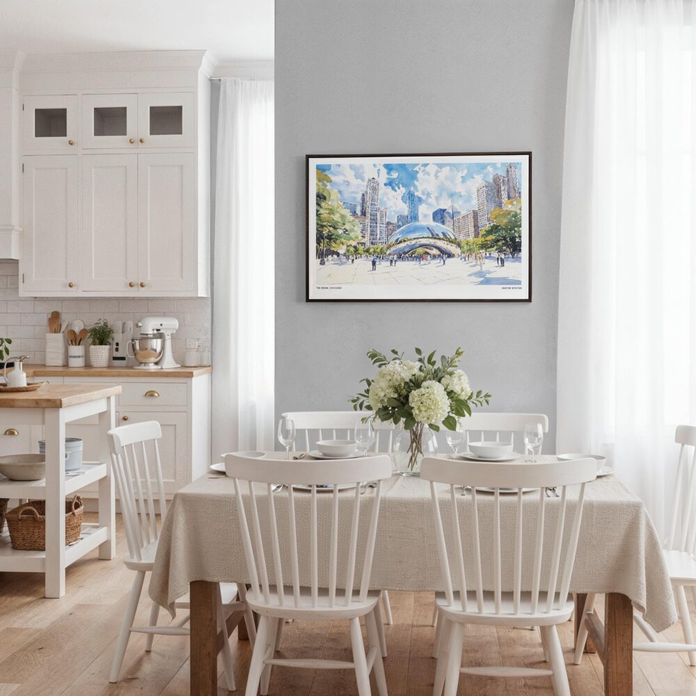 03 - Framed Chicago Cloud Gate Watercolor Art - Horizontal Canvas Print - Coastal Kitchen.jpg 03 - Framed Chicago Cloud Gate Watercolor Art - Horizontal Canvas Print - Coastal Kitchen.jpg