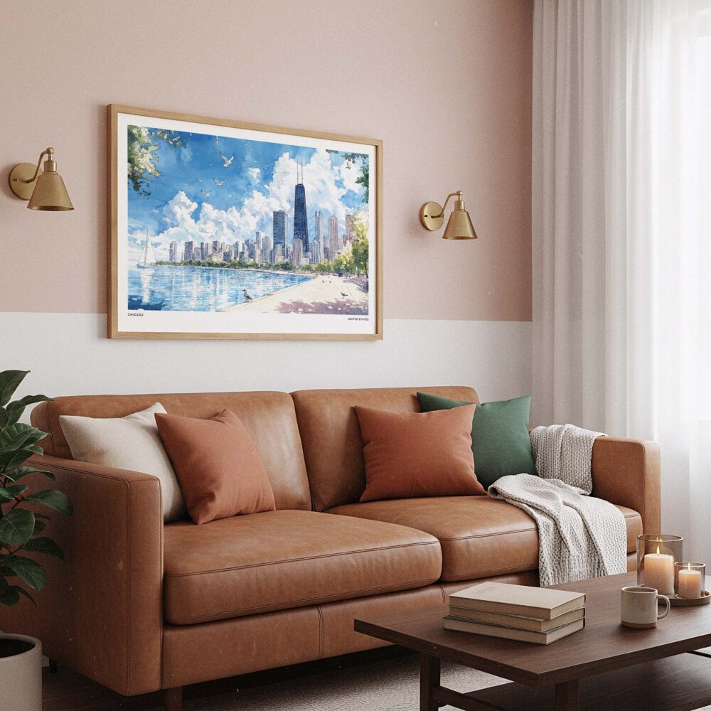 03 - Framed Chicago Skyline Watercolor Art - Horizontal Art Print hanging in Boho Living Room.jpg 03 - Framed Chicago Skyline Watercolor Art - Horizontal Art Print hanging in Boho Living Room.jpg