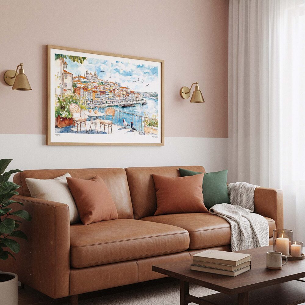 03 - Framed Coffee in Porto Portugal Watercolor Art - Horizontal Art Print hanging in Boho Living Room.jpg 03 - Framed Coffee in Porto Portugal Watercolor Art - Horizontal Art Print hanging in Boho Living Room.jpg