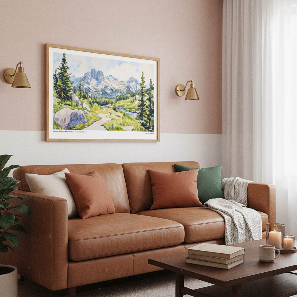 03 - Framed Colorado Rocky Mountains National Park Watercolor - Horizontal Art Print hanging in Boho Living Room.jpg 03 - Framed Colorado Rocky Mountains National Park Watercolor - Horizontal Art Print hanging in Boho Living Room.jpg