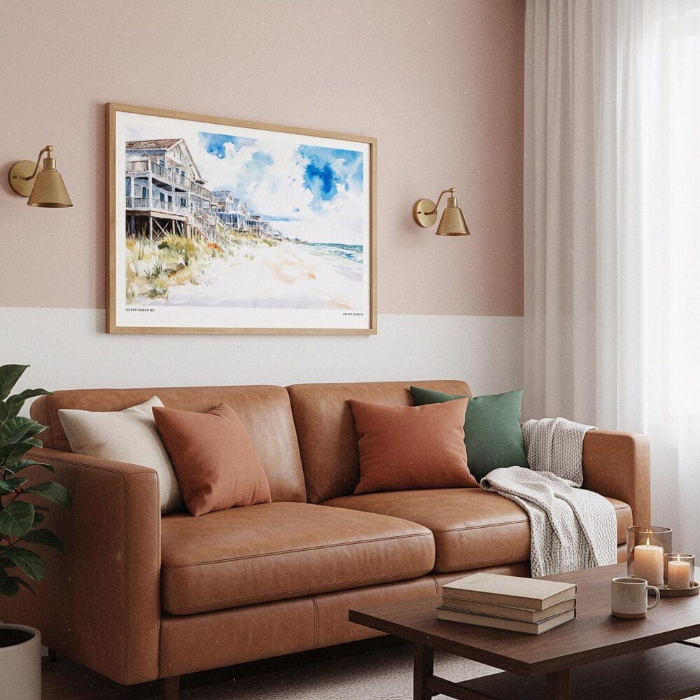 03 - Framed Cottages at Outer Banks NC Watercolor - Horizontal Art Print hanging in Boho Living Room.jpg 03 - Framed Cottages at Outer Banks NC Watercolor - Horizontal Art Print hanging in Boho Living Room.jpg