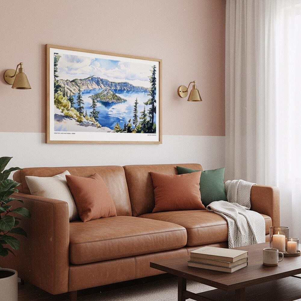 03 - Framed Crater Lake National Park Watercolor - Horizontal Art Print hanging in Boho Living Room.jpg 03 - Framed Crater Lake National Park Watercolor - Horizontal Art Print hanging in Boho Living Room.jpg