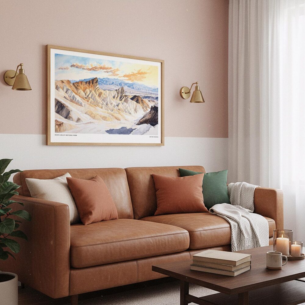 03 - Framed Death Valley National Park Watercolor - Horizontal Art Print hanging in Boho Living Room.jpg 03 - Framed Death Valley National Park Watercolor - Horizontal Art Print hanging in Boho Living Room.jpg