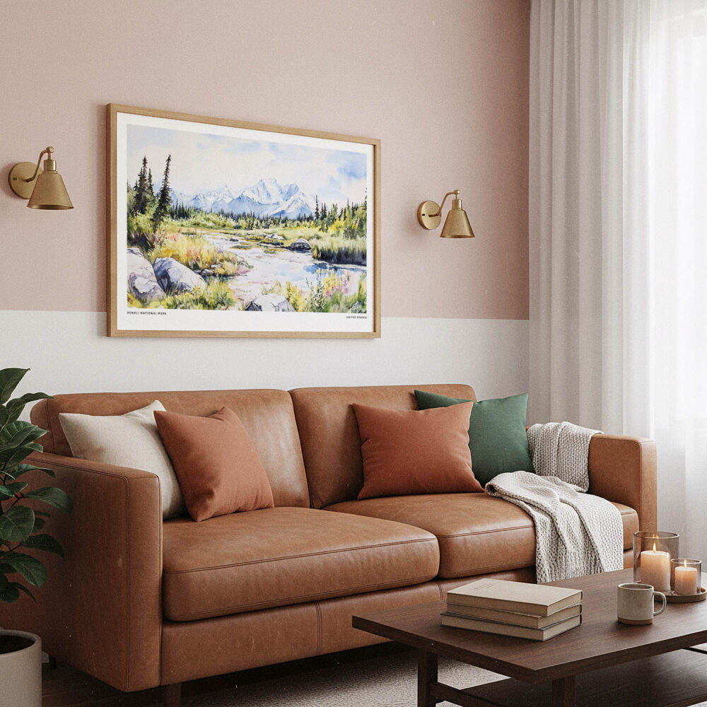03 - Framed Denali National Park Watercolor - Horizontal Art Print hanging in Boho Living Room.jpg 03 - Framed Denali National Park Watercolor - Horizontal Art Print hanging in Boho Living Room.jpg