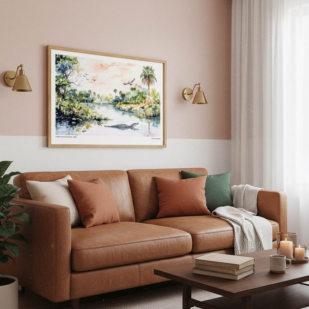 03 - Framed Everglades National Park Watercolor - Horizontal Art Print hanging in Boho Living Room.jpg 03 - Framed Everglades National Park Watercolor - Horizontal Art Print hanging in Boho Living Room.jpg