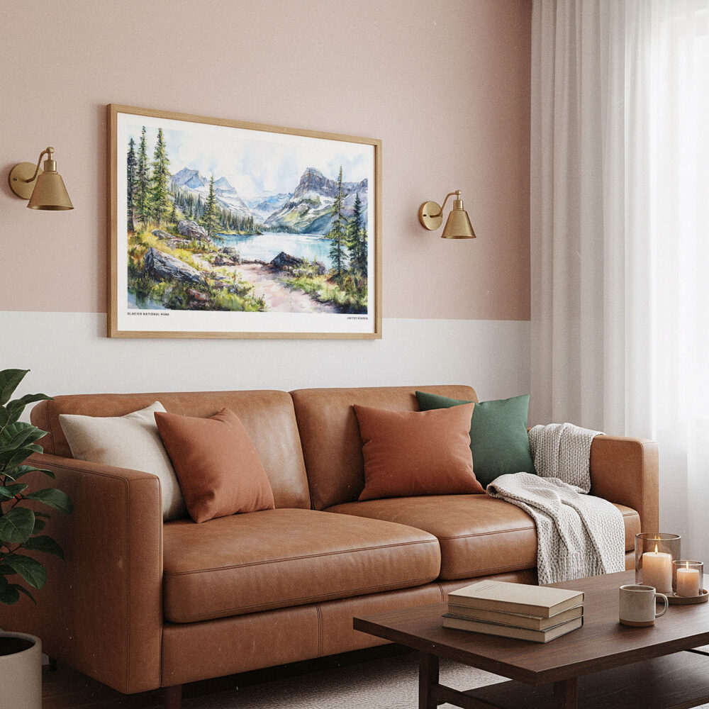 03 - Framed Glacier National Park Watercolor - Horizontal Art Print hanging in Boho Living Room.jpg 03 - Framed Glacier National Park Watercolor - Horizontal Art Print hanging in Boho Living Room.jpg