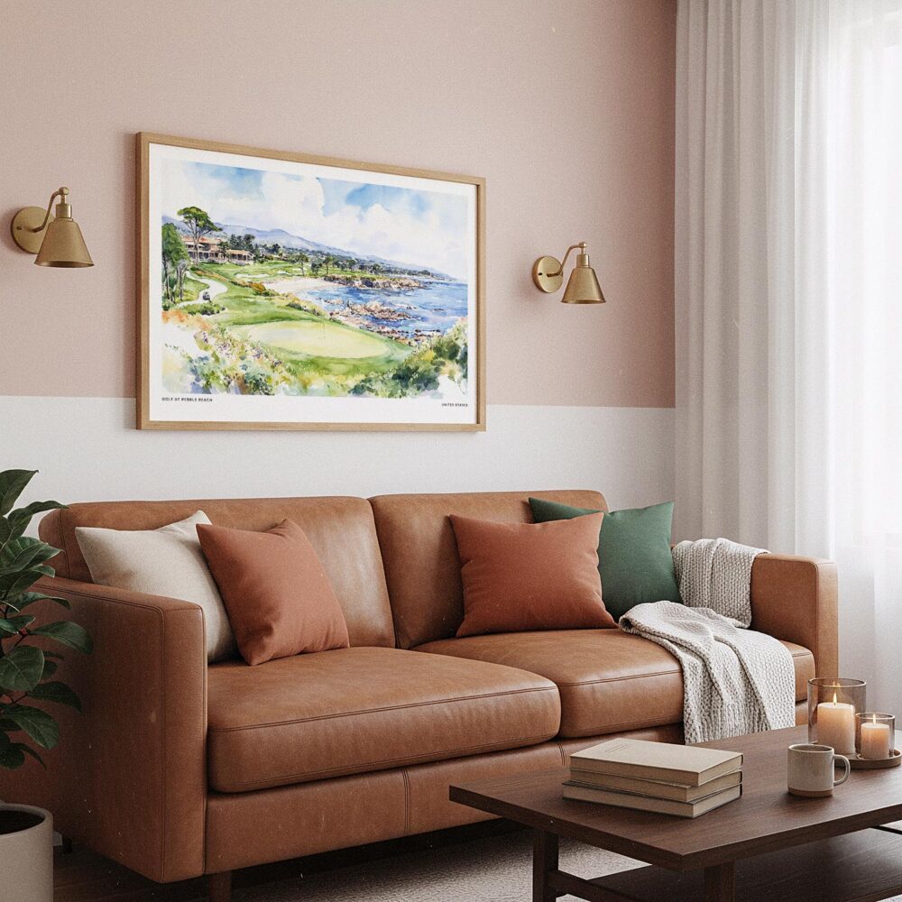 03 - Framed Golf at Pebble Beach Watercolor - Horizontal Art Print hanging in Boho Living Room.jpg 03 - Framed Golf at Pebble Beach Watercolor - Horizontal Art Print hanging in Boho Living Room.jpg