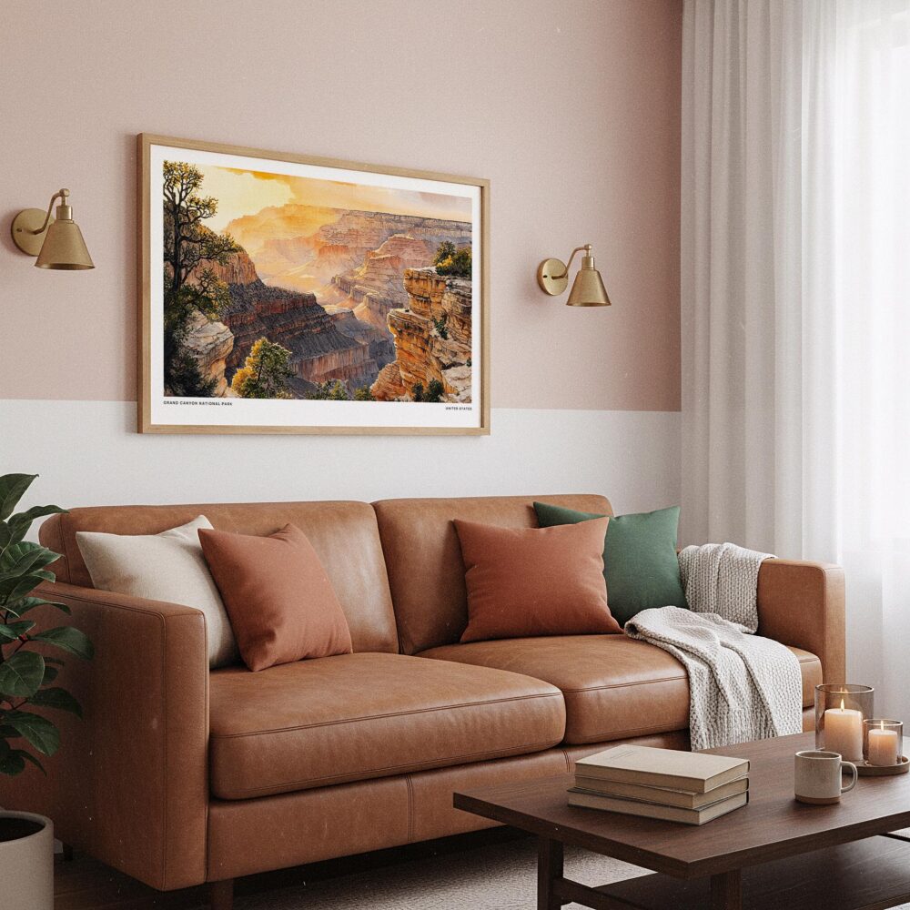 03 - Framed Grand Canyon National Park Watercolor - Horizontal Art Print hanging in Boho Living Room.jpg 03 - Framed Grand Canyon National Park Watercolor - Horizontal Art Print hanging in Boho Living Room.jpg