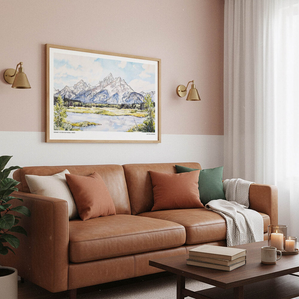03 - Framed Grand Teton National Park Watercolor - Horizontal Art Print hanging in Boho Living Room.jpg 03 - Framed Grand Teton National Park Watercolor - Horizontal Art Print hanging in Boho Living Room.jpg