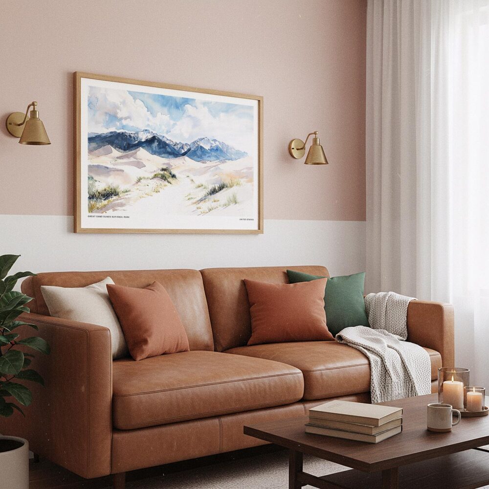 03 - Framed Great Sand Dunes National Park Watercolor - Horizontal Art Print hanging in Boho Living Room.jpg 03 - Framed Great Sand Dunes National Park Watercolor - Horizontal Art Print hanging in Boho Living Room.jpg