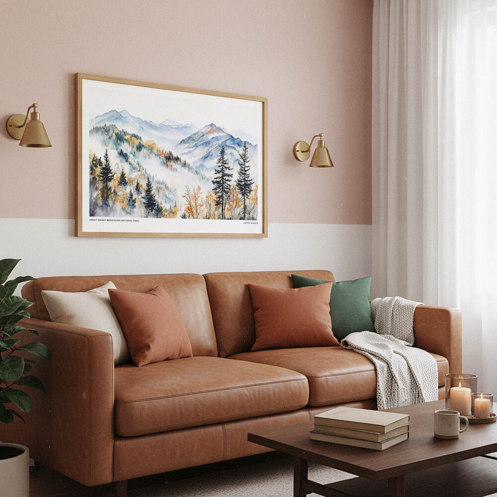 03 - Framed Great Smoky Mountains National Park Watercolor - Horizontal Art Print hanging in Boho Living Room.jpg 03 - Framed Great Smoky Mountains National Park Watercolor - Horizontal Art Print hanging in Boho Living Room.jpg