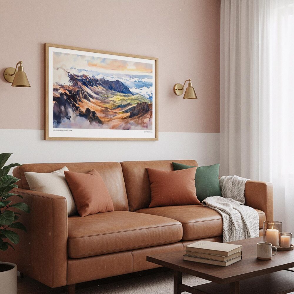 03 - Framed Haleakala National Park Watercolor - Horizontal Art Print hanging in Boho Living Room.jpg 03 - Framed Haleakala National Park Watercolor - Horizontal Art Print hanging in Boho Living Room.jpg