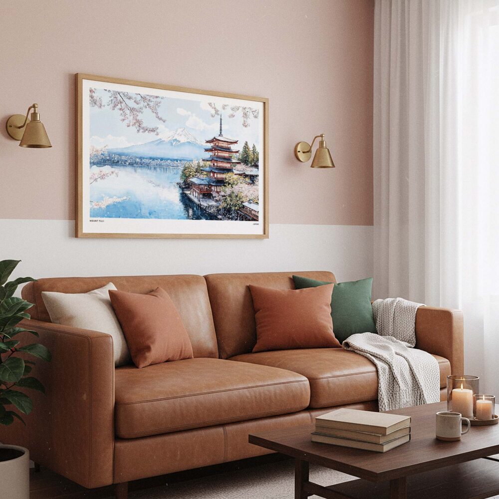 03 - Framed Japan Mount Fuji Watercolor Art - Horizontal Art Print hanging in Boho Living Room - Horizontal.jpg 03 - Framed Japan Mount Fuji Watercolor Art - Horizontal Art Print hanging in Boho Living Room - Horizontal.jpg