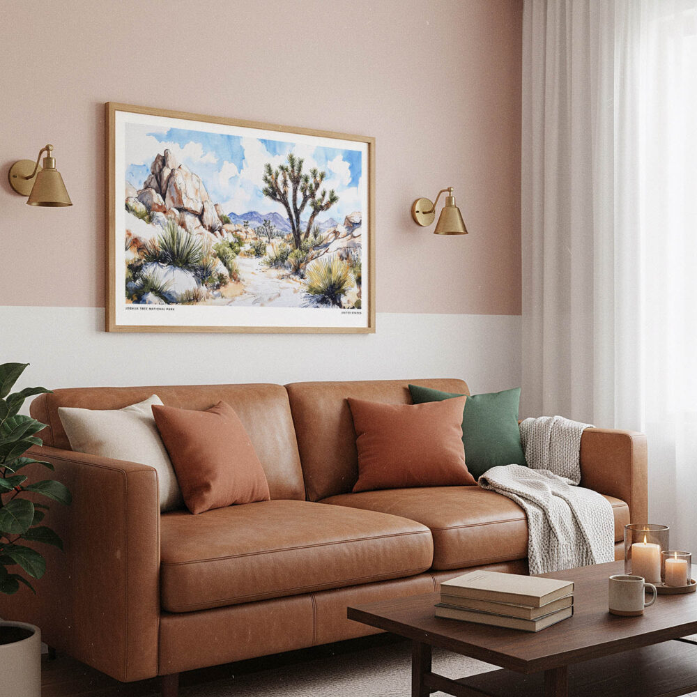 03 - Framed Joshua Tree National Park Watercolor - Horizontal Art Print hanging in Boho Living Room.jpg 03 - Framed Joshua Tree National Park Watercolor - Horizontal Art Print hanging in Boho Living Room.jpg