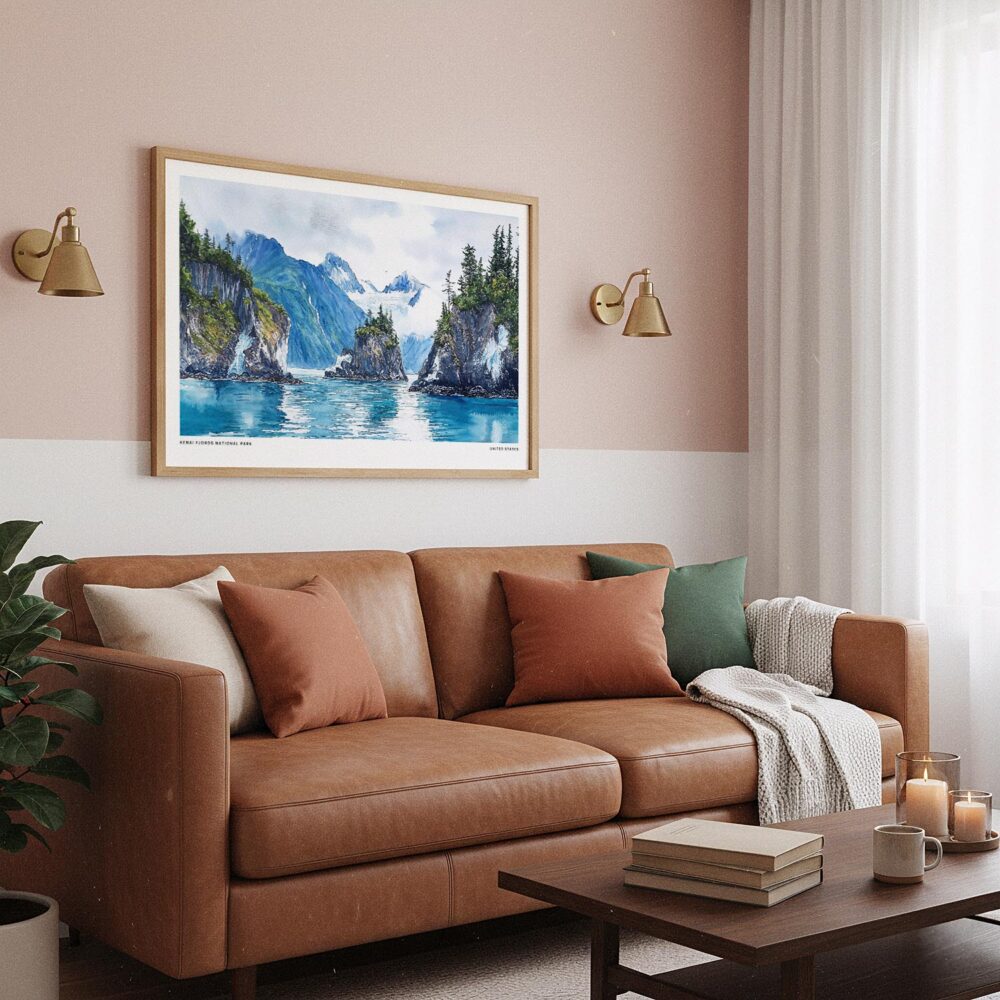 03 - Framed Kenai Fjords National Park Watercolor - Horizontal Art Print hanging in Boho Living Room.jpg 03 - Framed Kenai Fjords National Park Watercolor - Horizontal Art Print hanging in Boho Living Room.jpg