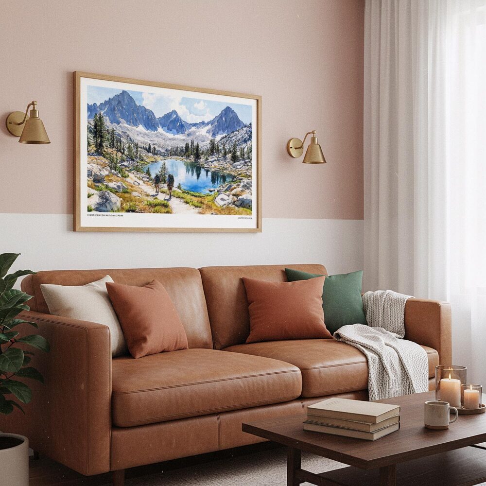 03 - Framed Kings Canyon National Park Watercolor - Horizontal Art Print hanging in Boho Living Room.jpg 03 - Framed Kings Canyon National Park Watercolor - Horizontal Art Print hanging in Boho Living Room.jpg