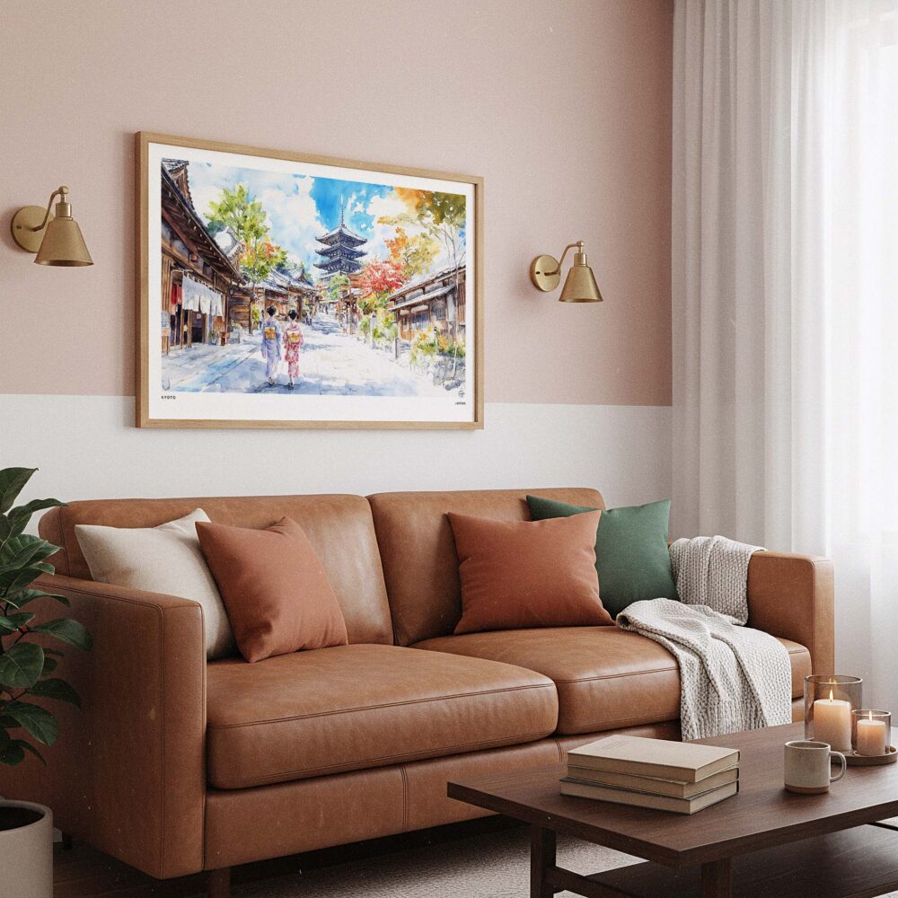 03 - Framed Kyoto Japan Watercolor Art - Horizontal Art Print hanging in Boho Living Room.jpg 03 - Framed Kyoto Japan Watercolor Art - Horizontal Art Print hanging in Boho Living Room.jpg