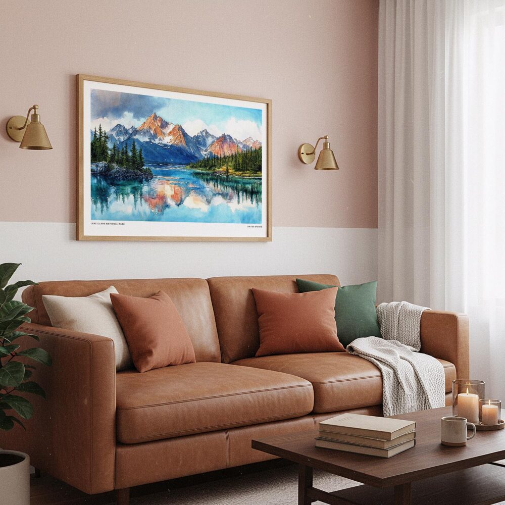 03 - Framed Lake Clark National Park Watercolor - Horizontal Art Print hanging in Boho Living Room.jpg 03 - Framed Lake Clark National Park Watercolor - Horizontal Art Print hanging in Boho Living Room.jpg